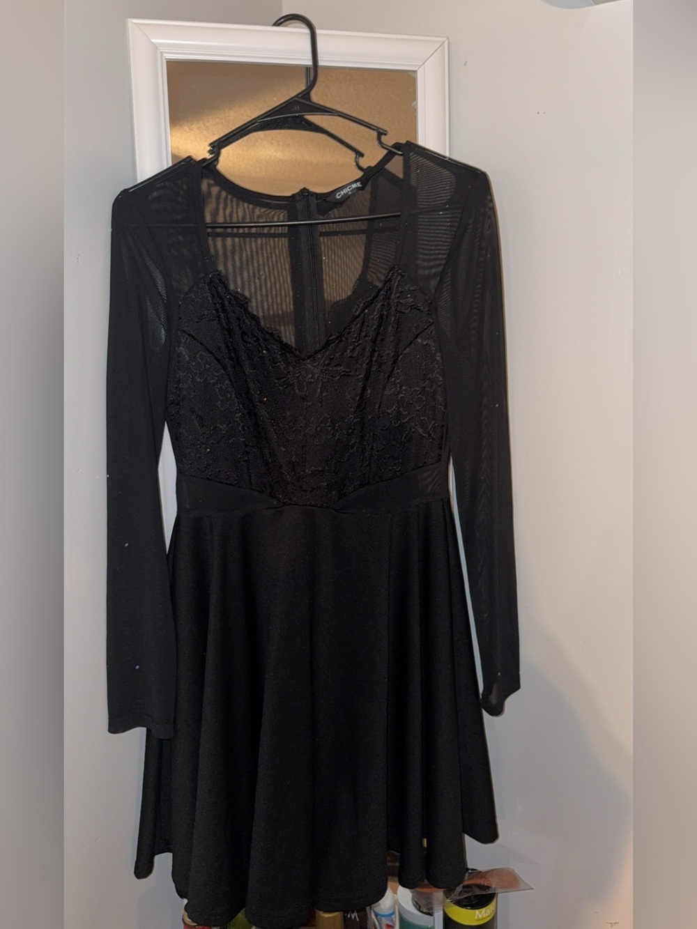 chic Black Lace & Mesh Long-Sleeve Fit-and-Flare Dress